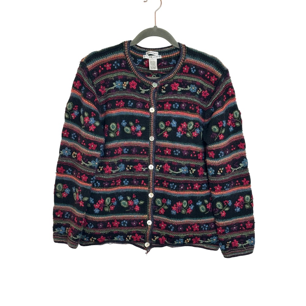 Vintage Jillian Jones Hand‎ Knit Mohair Blend Cardigan Sweater Size L Multicolor
